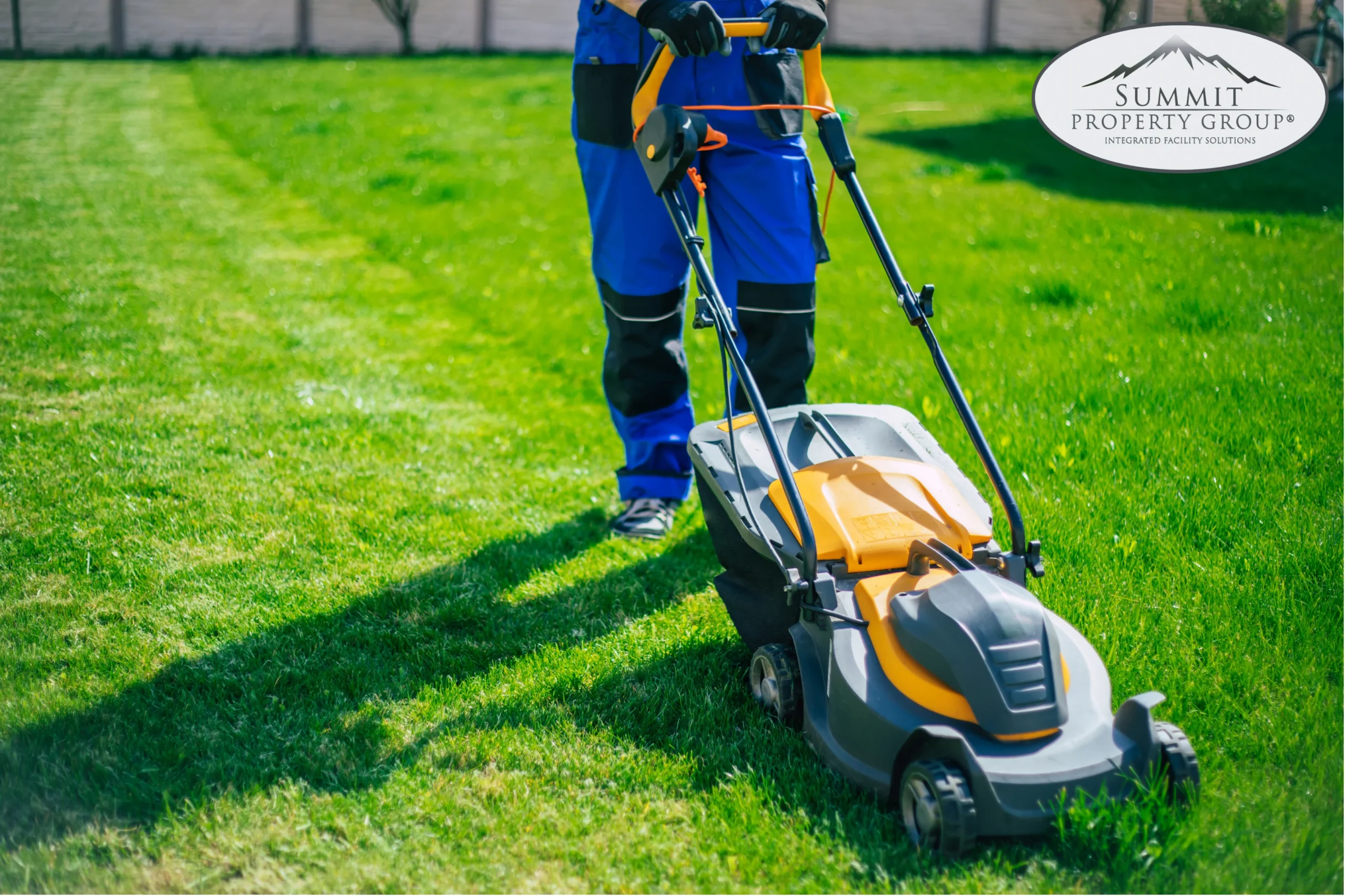 Landscaper operating an orange and black push lawn mower on a freshly cut green lawn in Lethbridge, demonstrating professional property maintenance and landscaping services.