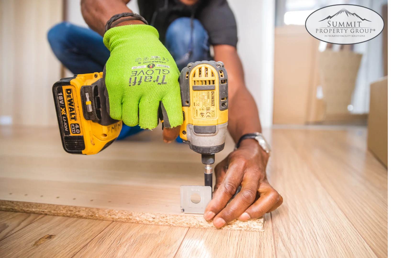 Close-up of a maintenance worker using a yellow power drill and wearing green gloves while assembling a wooden structure, representing expert property repair and facility management services in Lethbridge.