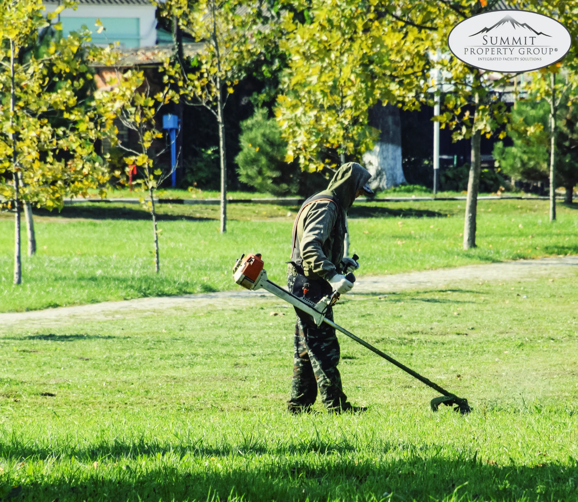 Summit Property Group worker performing grass trimming and lawn maintenance in a public park, ensuring clean and well-kept green spaces.